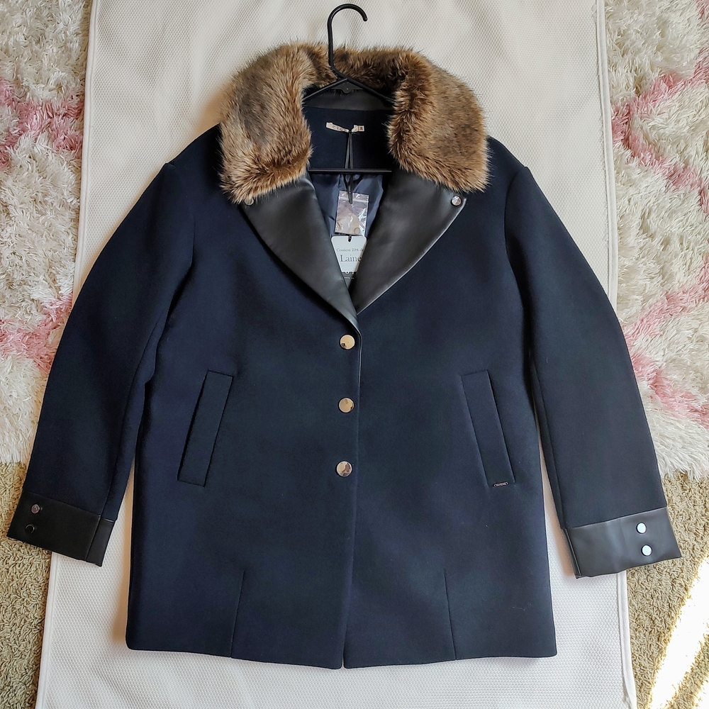 Women's Navy Coat with Faux Fur Collar